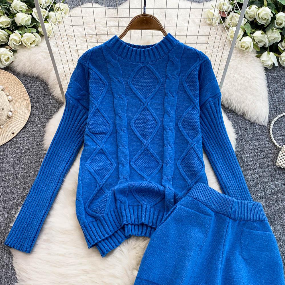 New Loose Knit Fried Dough Twists Sweater Suit Women's Winter High Waist Slim Straight Wide Leg Pants Two-piece Set