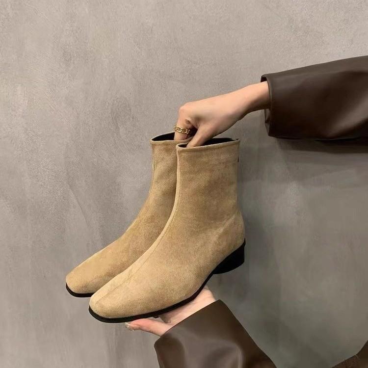 Премиальные ретро маленькие короткие ботинки женские осенне-зимние бархатные на толстом каблуке тонкие ботильоны из замши 35 абрикосовый 3785₽