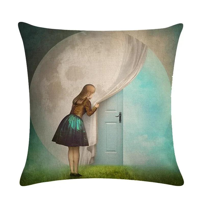 Abstract Fairy Girl Decorative Cushion Cover Linen Pillowcase For Sofa Couch Bedroom Home Living Room Decor 45X45Cm