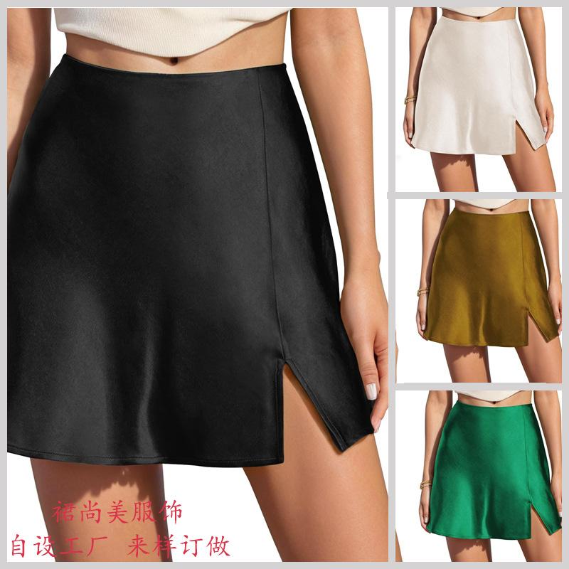 Women's Satin Mini Skirt High Waist A-Line Slit Hem Elegant Casual Summer Party Short Skirts