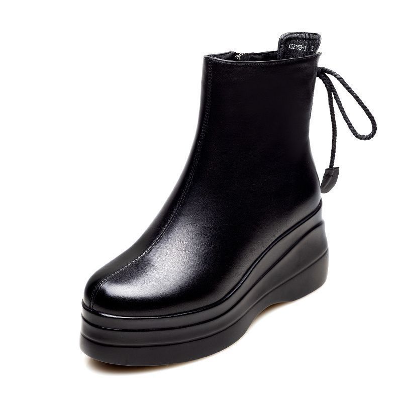 Martin boots women's soft leather winter new velvet muffin platform heel short boots women's shoes autumn and winter
