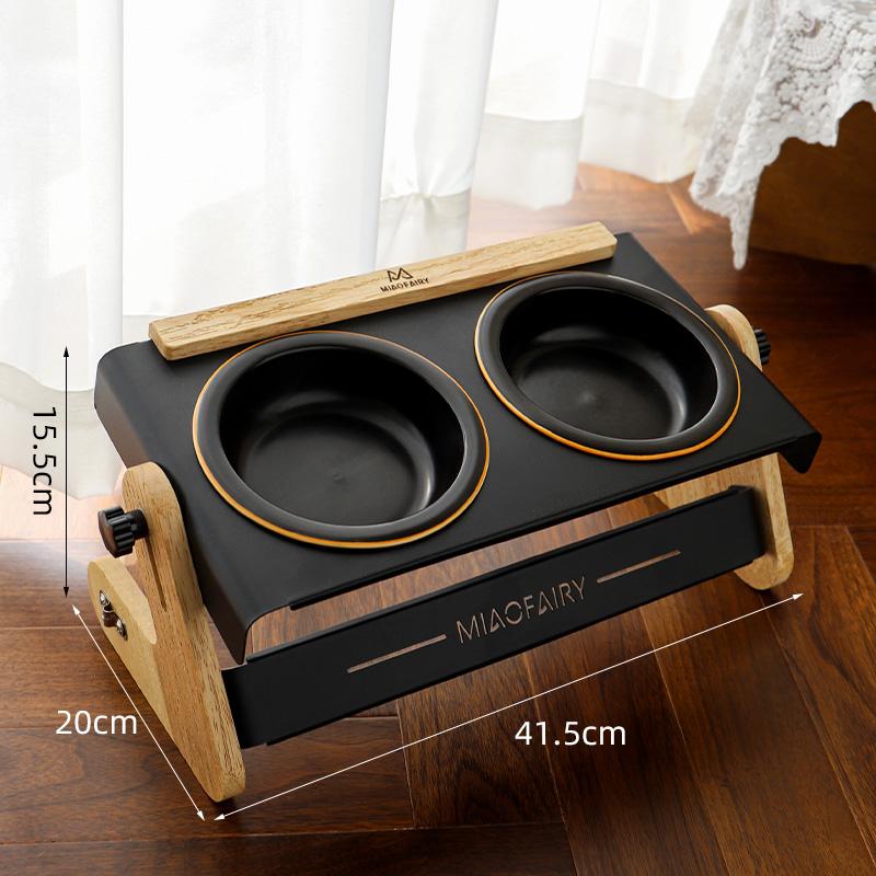 

Adjustable Tilt Ceramic Cat Dog Bowl Solid Wood Stand Neck Protection Dual Slow Feeder Anti Spill Food Water Dish for Pets
