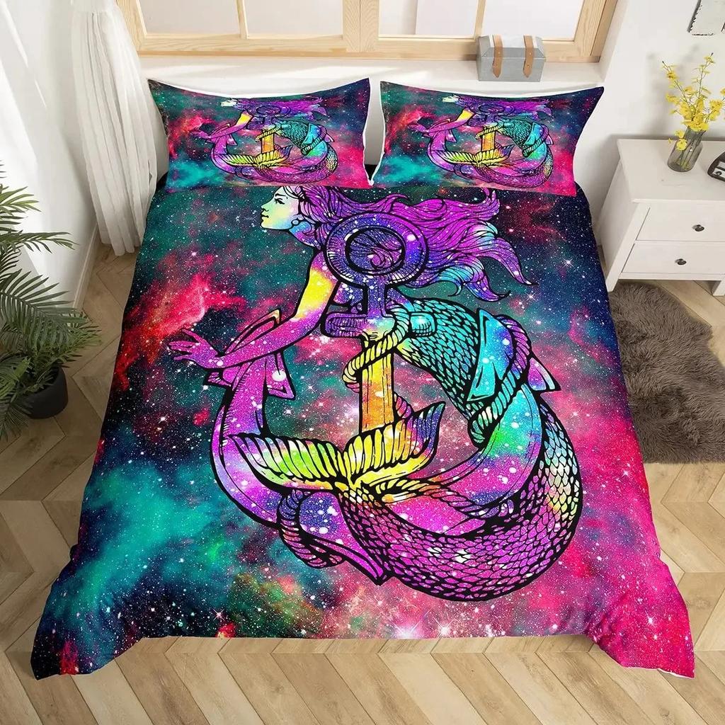 Blue Sea And Galaxy Duvet Cover Set Full,3D Whale Ocean Creatures Bedding Sets Space Starry Mysterious Nebula Comforter Cover