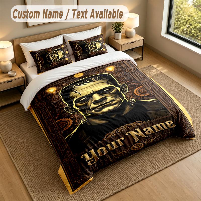 3Pcs Bedding Set Custom Name Text, 1 Sheet 2 Pillowcases Home Bed DecorFrankenstein's Monster