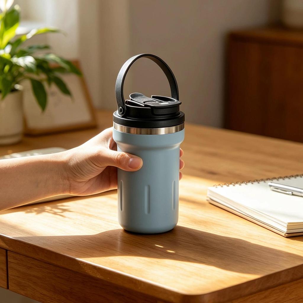 Portable Stainless Steel Double-Walled Coffee Thermos with Handle and Straw