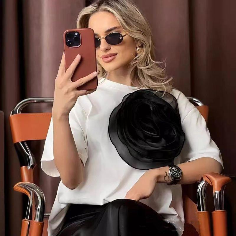 

Western Style New Overfit t-shirt Stereo Mesh Flowers Short sleeve Top Mesh 3D Flower T-shirt White L