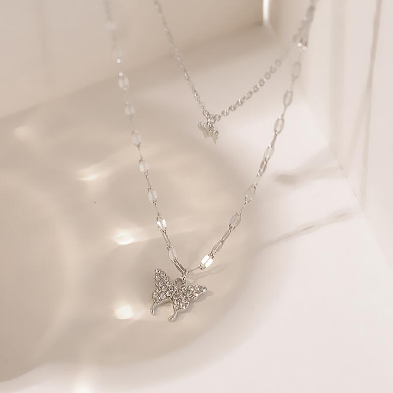 Korean New Sweet Double Chain Pendant Necklace For Women Girls Trendy Female Jewelry For Party Fashion Women Butterfly Necklace