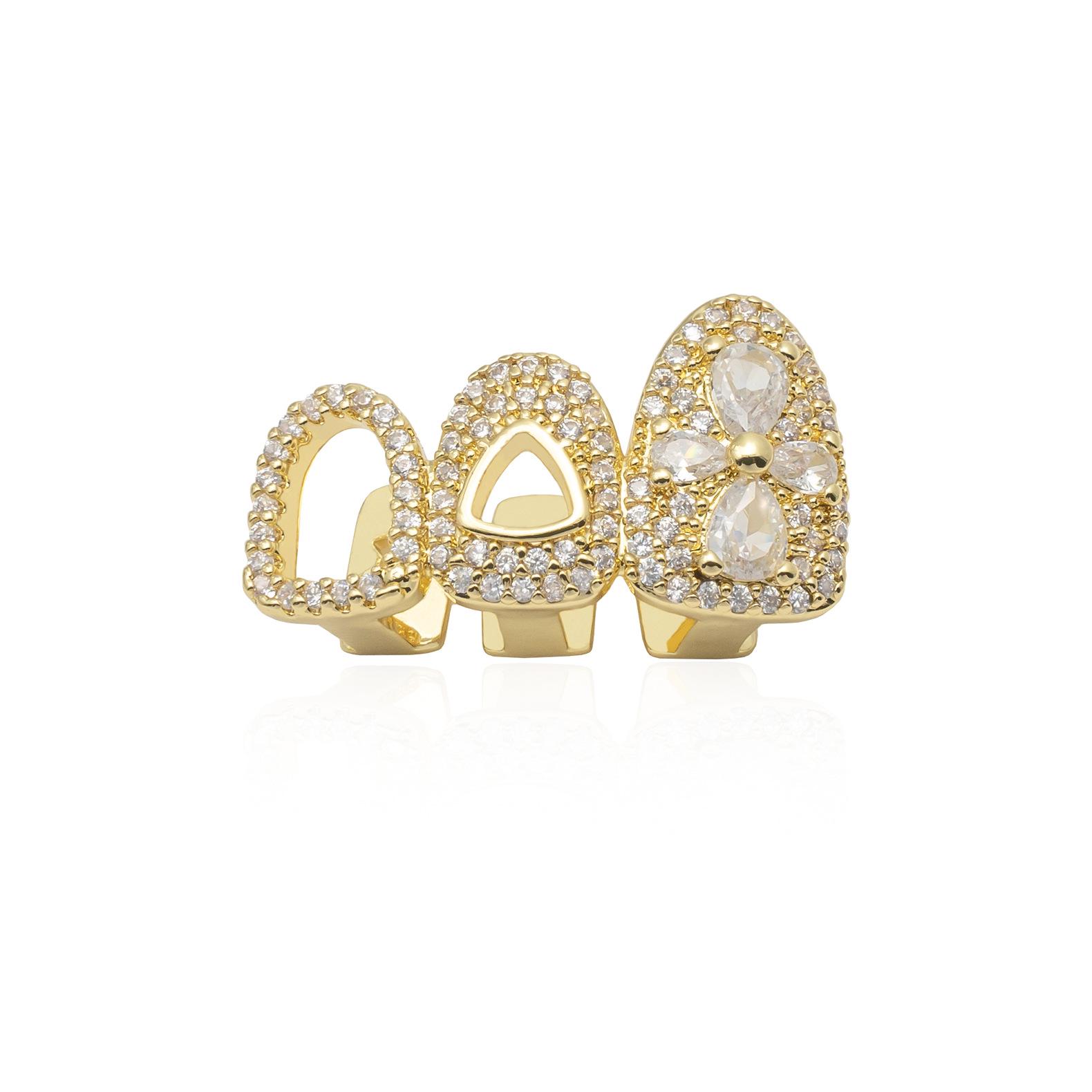 Ювелирные изделия для зубов с бриллиантами и золотом в стиле хип-хоп: Полые трехкомпонентные подтяжки для стильного уличного образа