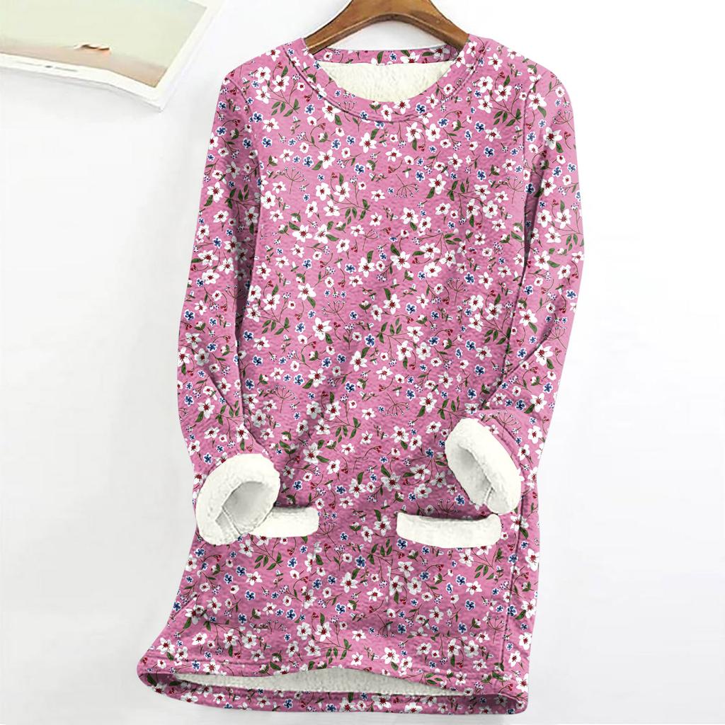 Dámský top s kulatým výstřihem s potiskem, zahuštěný plyšový kašmírový hřejivý dlouhý top