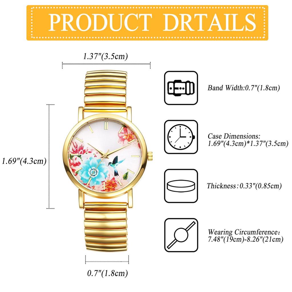 Floral and Pastoral Design Analog Quartz Watch with Adjustable Elastic Gold and Stainless Large and Stylish Perfect for or As a Gift for Her Women's