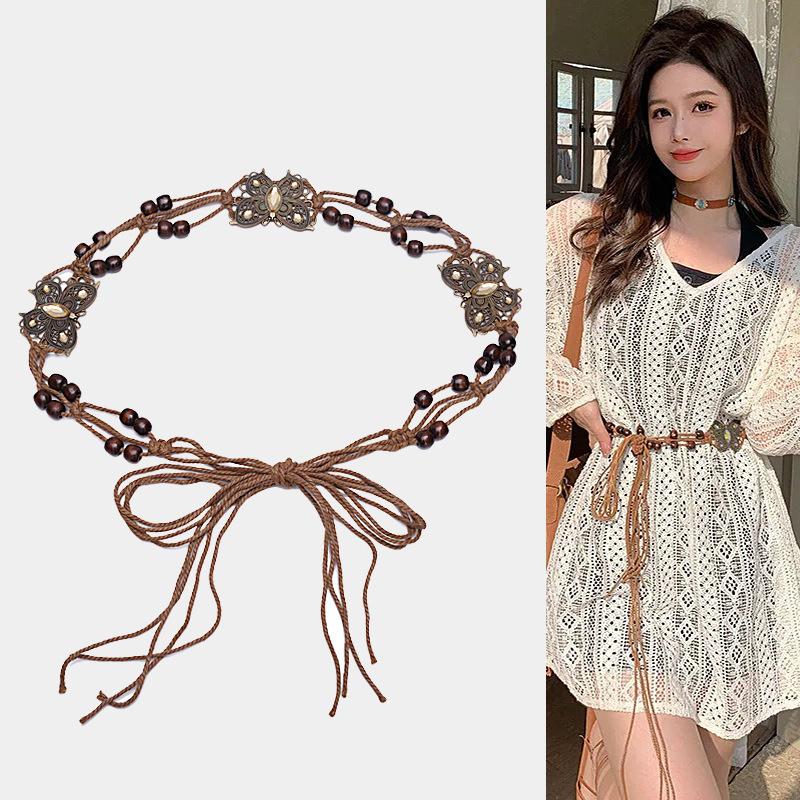 Bohemian Style Butterfly Blue Water Diamond Waist Woven Handmade Wooden Bead Belts Y2K Retro Belt Waist Chain Accessory Skirt