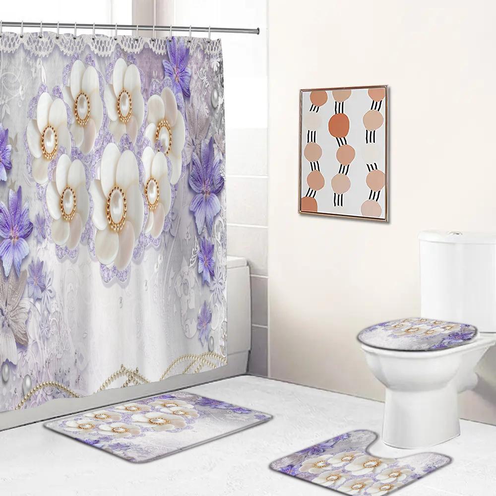 Elegant Bouquet Of Fantastic Flowers 3D European Style Shower Curtain Bathroom Curtain And Bath Rug Carpet Set Floral Home Decor