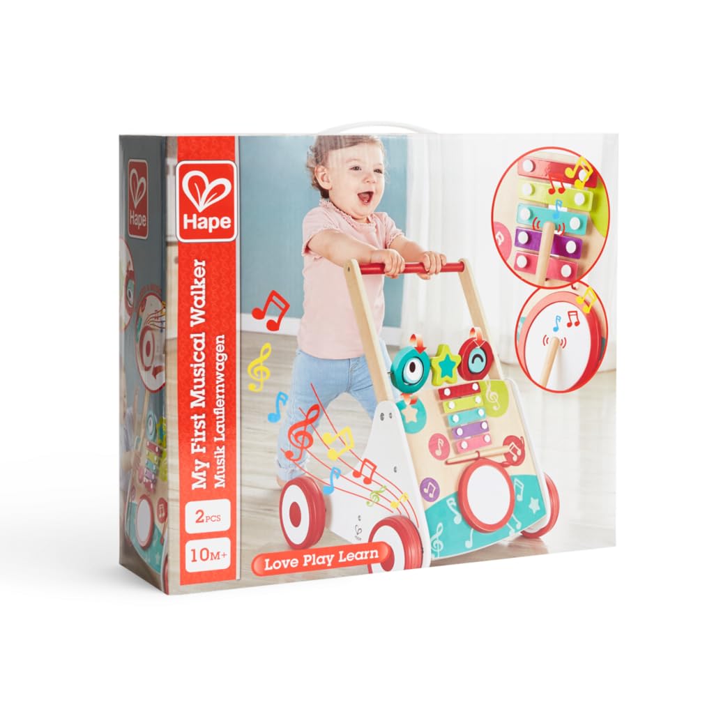 Hape Music Walker, 41.5 x 40.5 x 50cm, for ages 10 months and up, wooden stroller, educational toy, E0383