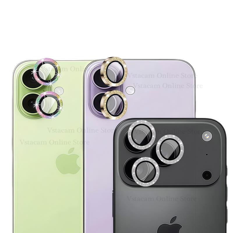 Colorful Bling Diamond Gitter Camera Ring Glass for IPhone 17 Pro Max 17 Air 16 15 Pro Max Plus Clarity HD Lens Screen Protector Metal Cap Accessaries