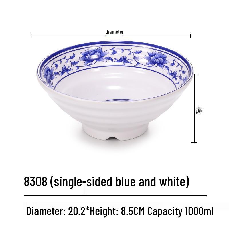 Blue & White Melamine Noodle Bowl: Imitation Porcelain Tableware for Ramen, Soup, Wonton, or Beef Noodles in Noodle Shops