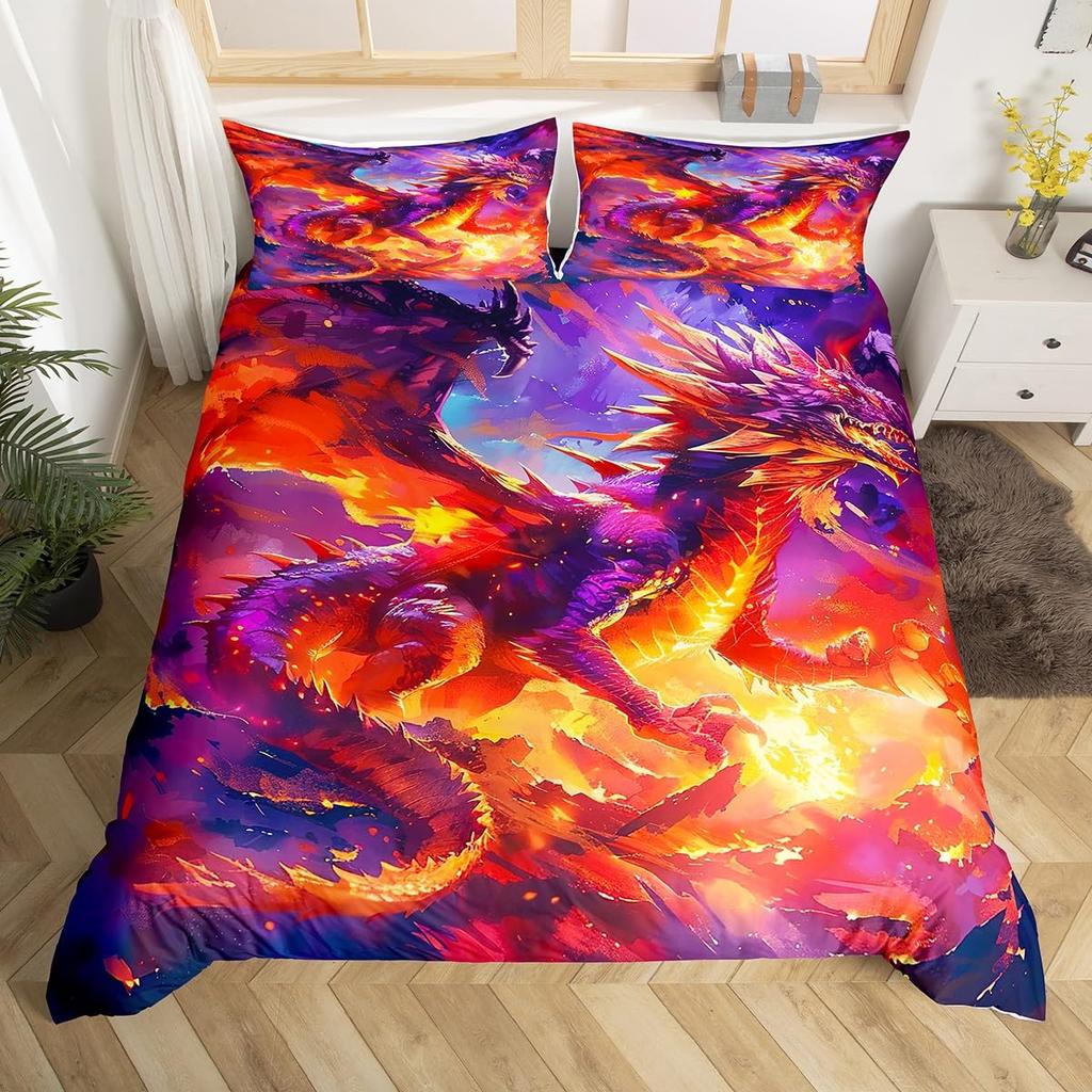 Fire Dragon Duvet Covers For Kids Teens Queen King Size Lightweight Quilt Covers Mythical Animals Pattern Bedding Set Room Decor