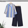 ZANZEA Women Long Sleeve Stripe Blouse and Pants Casual Two Piece Suit Sets