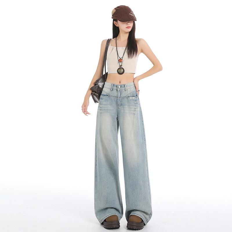 American retro street style hot girl jeans for women, new spring/summer design, high-waisted, drapey, loose, wide-leg, floor-length pants XS