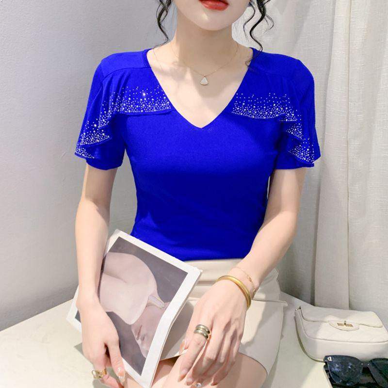 New Summer Streetwear Girl Chic Ruffled Hot Diamonds T-Shirt Fashion V-Neck Short Sleeve Mesh Tops Women's Tees Clothes Blouse