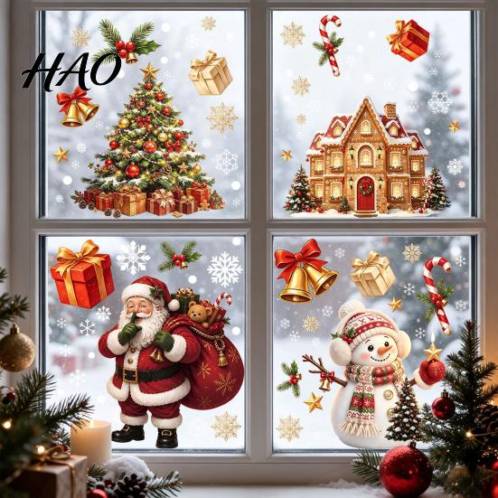 Christmas Party Supplies Window Cling, Santa/Snowman/House/ Tree Patterns Print, Waterproof Glass Clings PVC Decorative Static Sticker for Doors