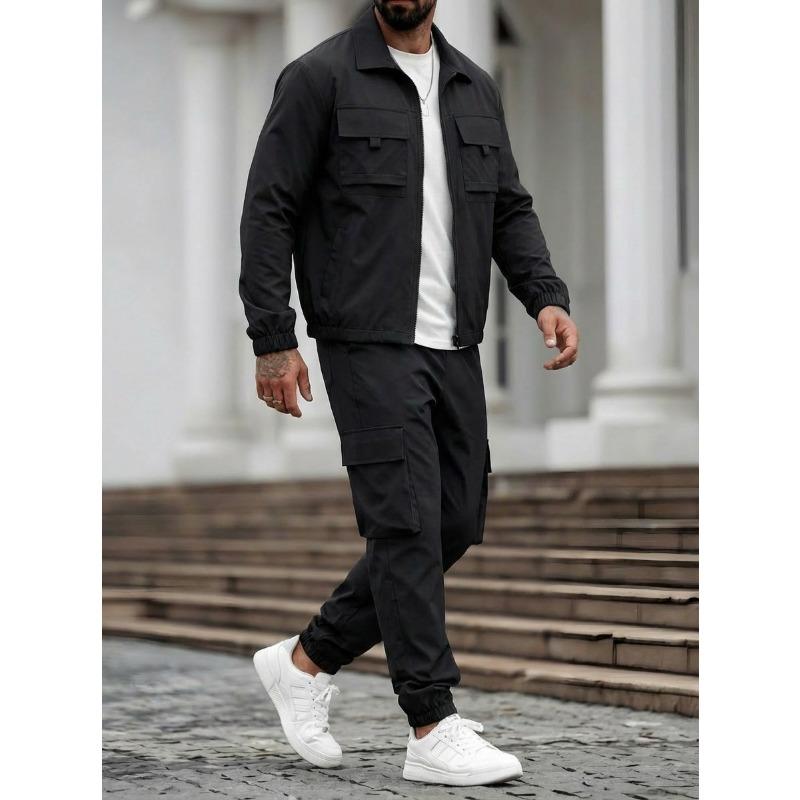 Herren S Einfarbig Langarm Jacke Hose Mehrere Taschen Lässig Arbeitskleidung Zweiteiliges Set