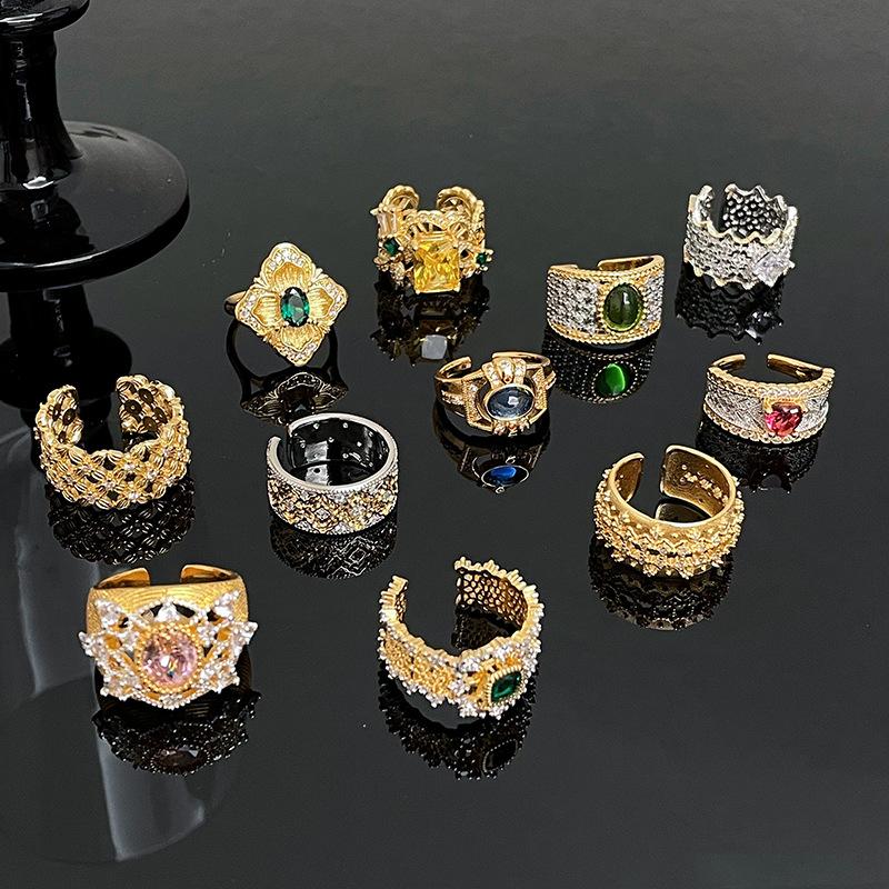 Medieval Retro Heavy Industry Inlaid Zir*****Pen Ring Brushed Light Luxury Niche High-End Court Ring Woman