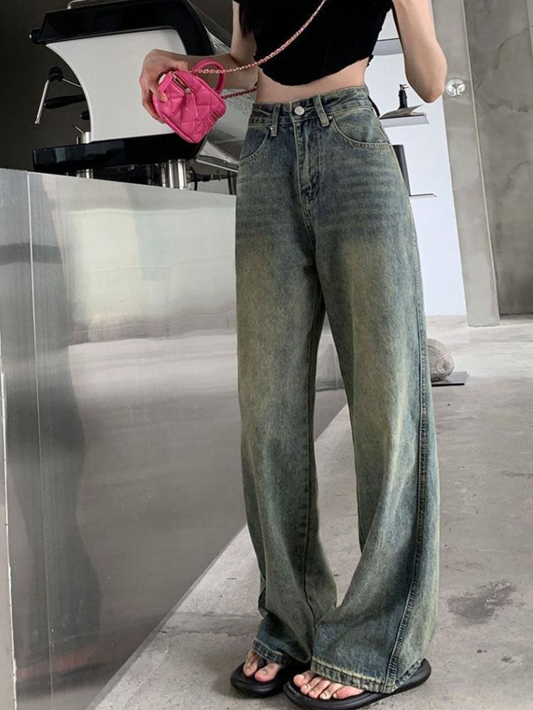 2000s Vintage Lengthen Straight Jeans Women Chic Korean High Waist Washed Denim Pants Female Elegant Streetwear Loose Wide Leg Trousers