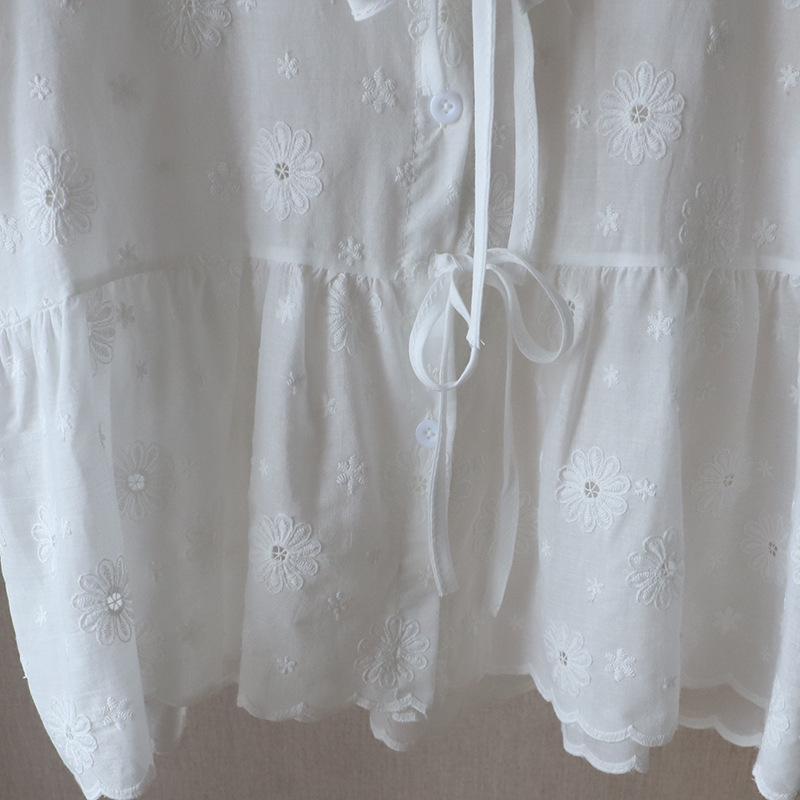 Bi Zheng 2025 Hollow Lace Puff Sleeve Embroidered Shirt for Women