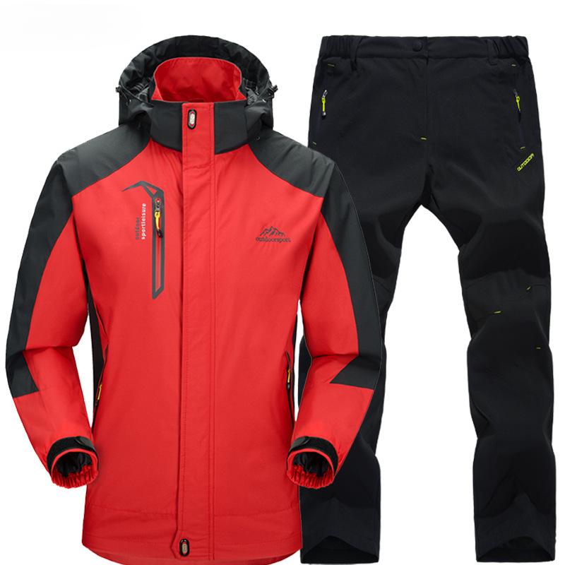 Outdoor Hiking Jacket and Pants Sets Men Autumn Waterproof Windproof Hooded Jackets Trip Mountain Camping Clothes