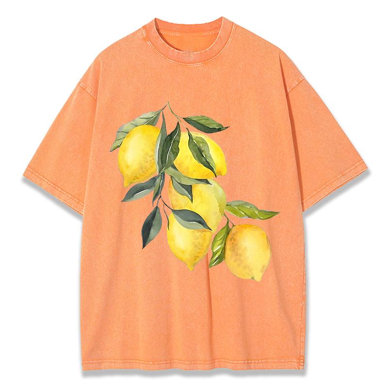 Creative Lemon Pattern Printing Washed TShirt Women Cottont Shirts ONeck Oversized Acid Wash Tops Summer Casual Woman Clothes