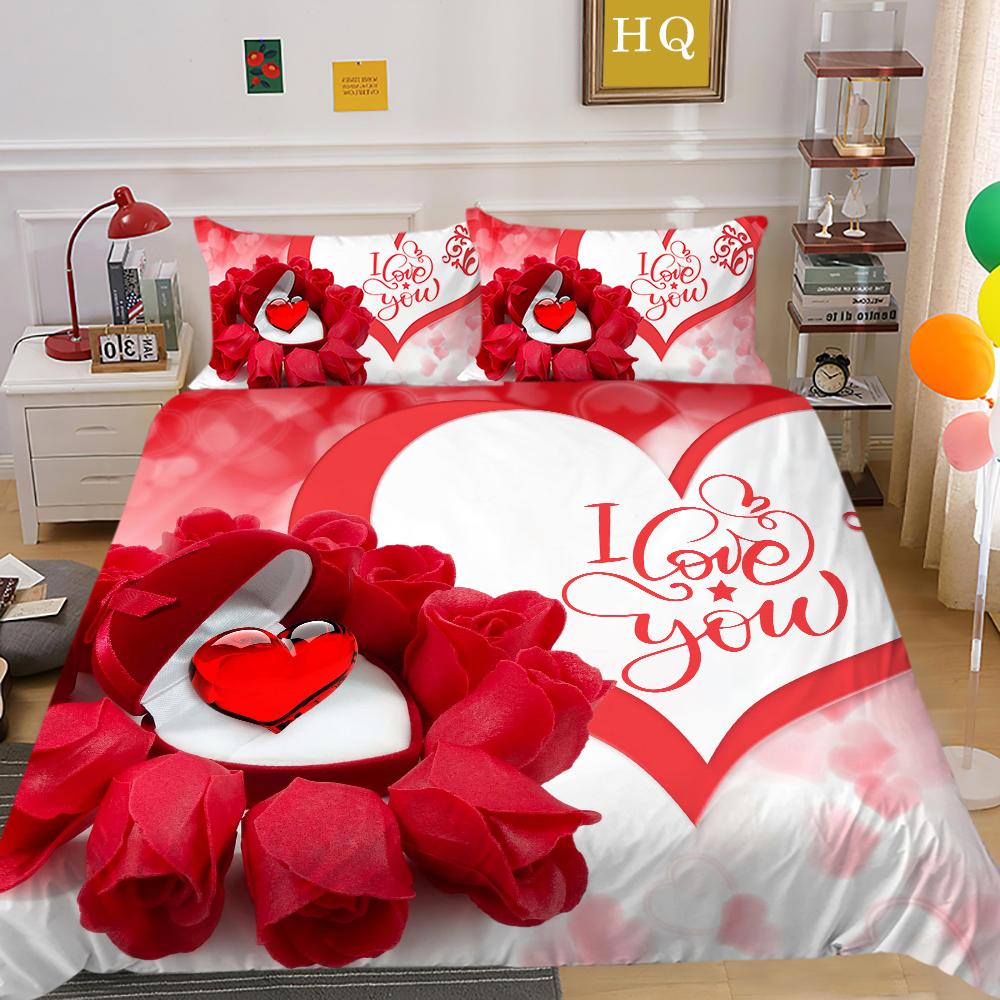 3D Valentine's Day Bedding Set King Queen Bed Duvet Cover Pillowcase 2/3pcs Newlywed Couple Duvet Cover Soft and Quick Drying Home Textile