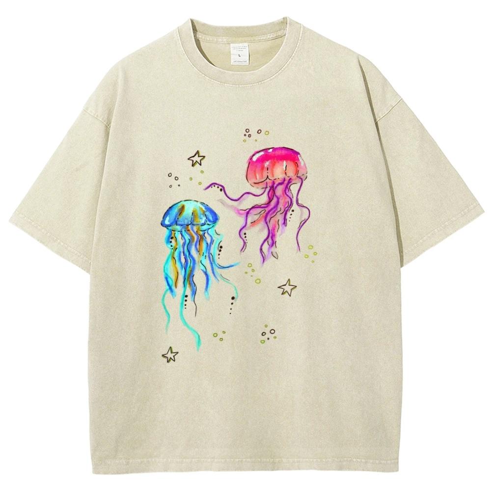 Colorful Jellyfish Graphic Crewneck T shirt Women Cute Y2k Funny Top Female Designer Anime Cotton Washed Clothing S разноцветный
