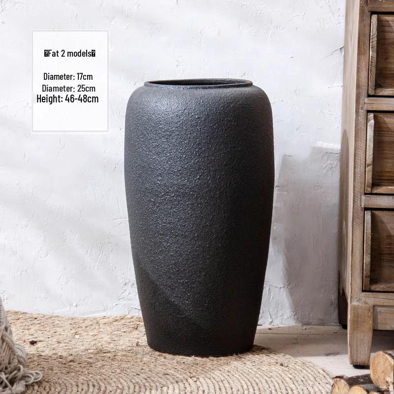 Jingdezhen Black Coarse Pottery Floor Vase: Modern Minimalist Japanese Decor for Hotel, Homestay, or Living Room.