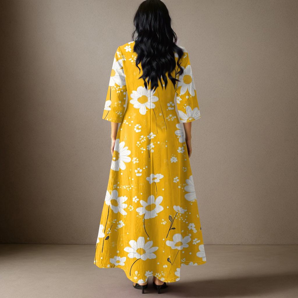 Damen Freizeitmode Blumenmuster Dreiviertelarm Langes Kleid mit Taschen