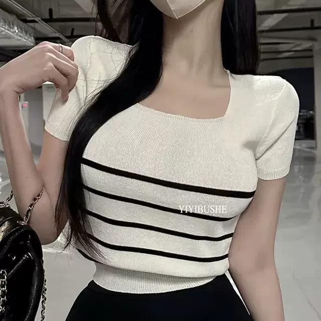 

Корейский шик Трикотажный топ в полоску с квадратным вырезом в французском стиле, приталенного силуэта (Женская летняя коллекция) One size (up to 125 pounds) белый