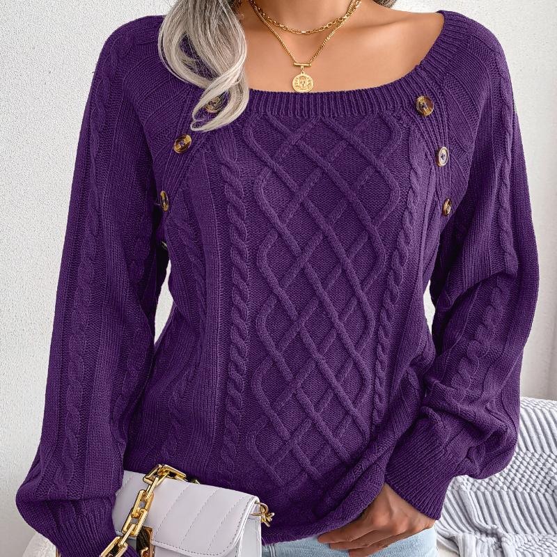 Autumn Winter Women's Cable Knit Sweater Solid Color Square Neck Buttons Long Sleeve Ribbed Knitted Pullover Loose Jumpers Tops