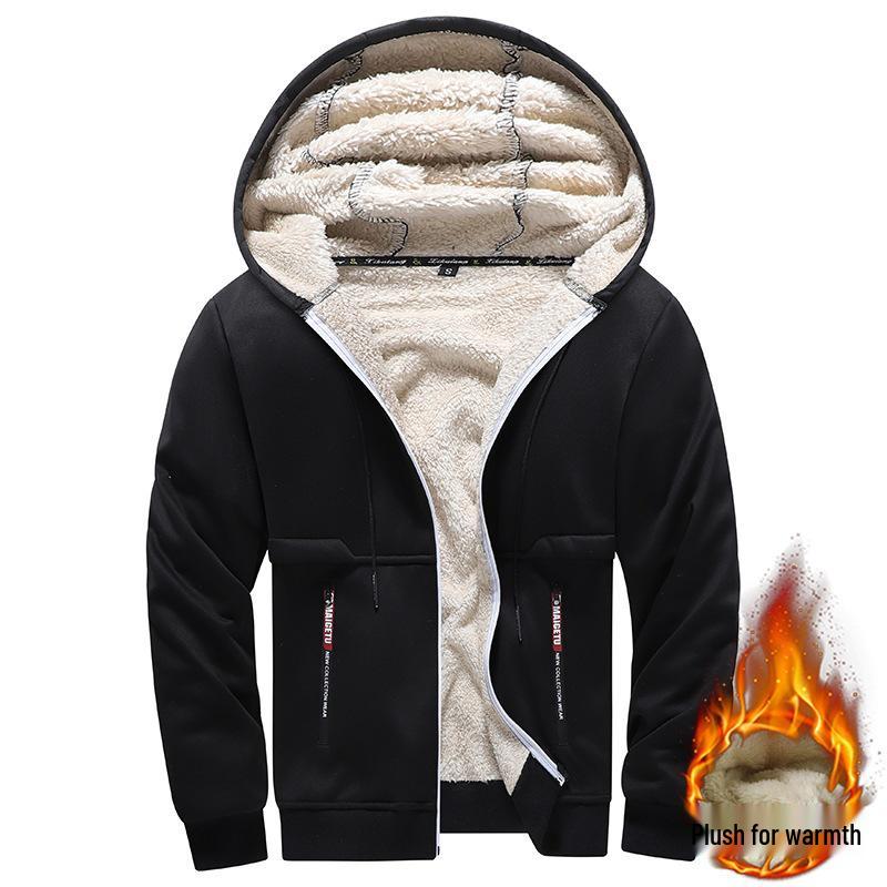 European-Size Men's Lambswool Hooded Jacket - Thick, Velvet-Lined Winter Sports Cardigan