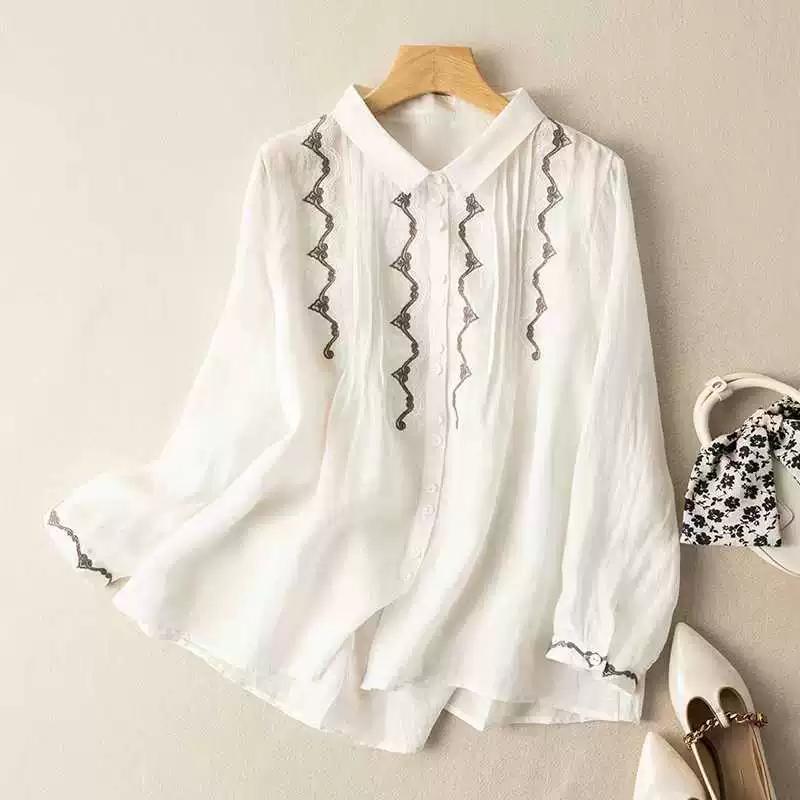 Cotton Linen Shirt for Women Summer 2023 New In Embroidery Vintage Blouses Loose Long Sleeve Top Turn-down Collar