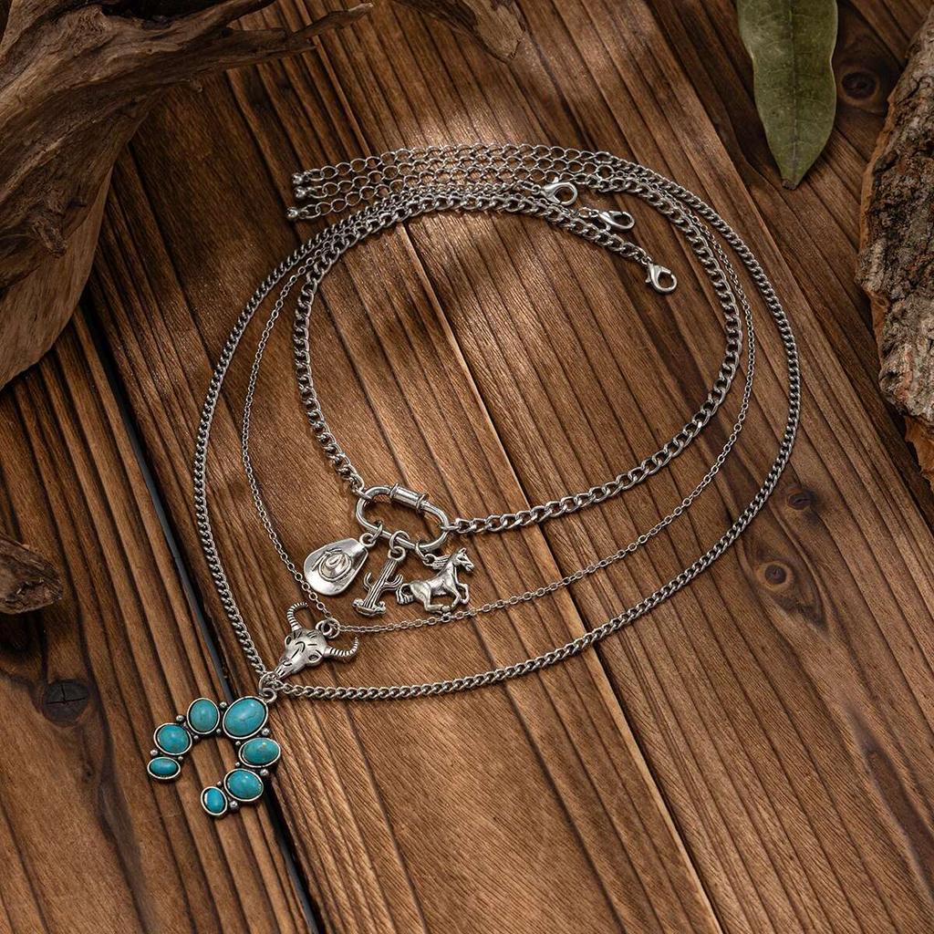 PuRui Classic 3-teiliges/Set Kupferfarbenes Metall Verstellbare Halskette Damen Blauer Stein Pferde Schafskopf Anhänger Schlüsselbeinkette Zirkon