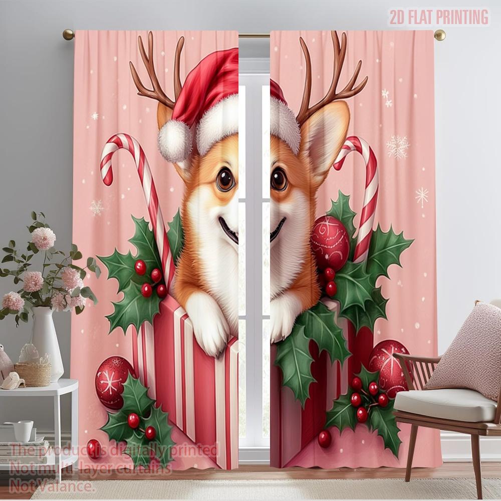 

2pcs,2D plane printing Popular Curtain Panels Christmas Corgi Gift Festive Dog (4) Versatile Polyester Fabric (without rod) All 52.50×116.00 CM 2pcs