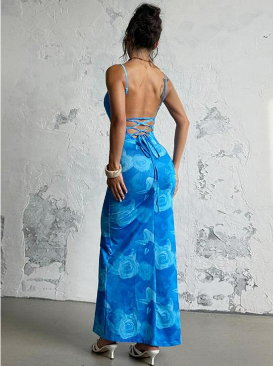 Women's Sleeveless Slim Fit Printed Lace Camisole Pleated Long Dress