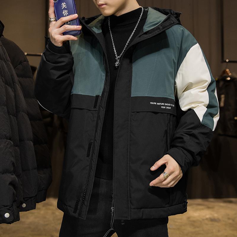 

Пуховик, мужской с капюшоном, комбинированный, цвет спецодежды, корейская версия свободного тренда, студенческая короткая и универсальная зимняя куртка XXXL