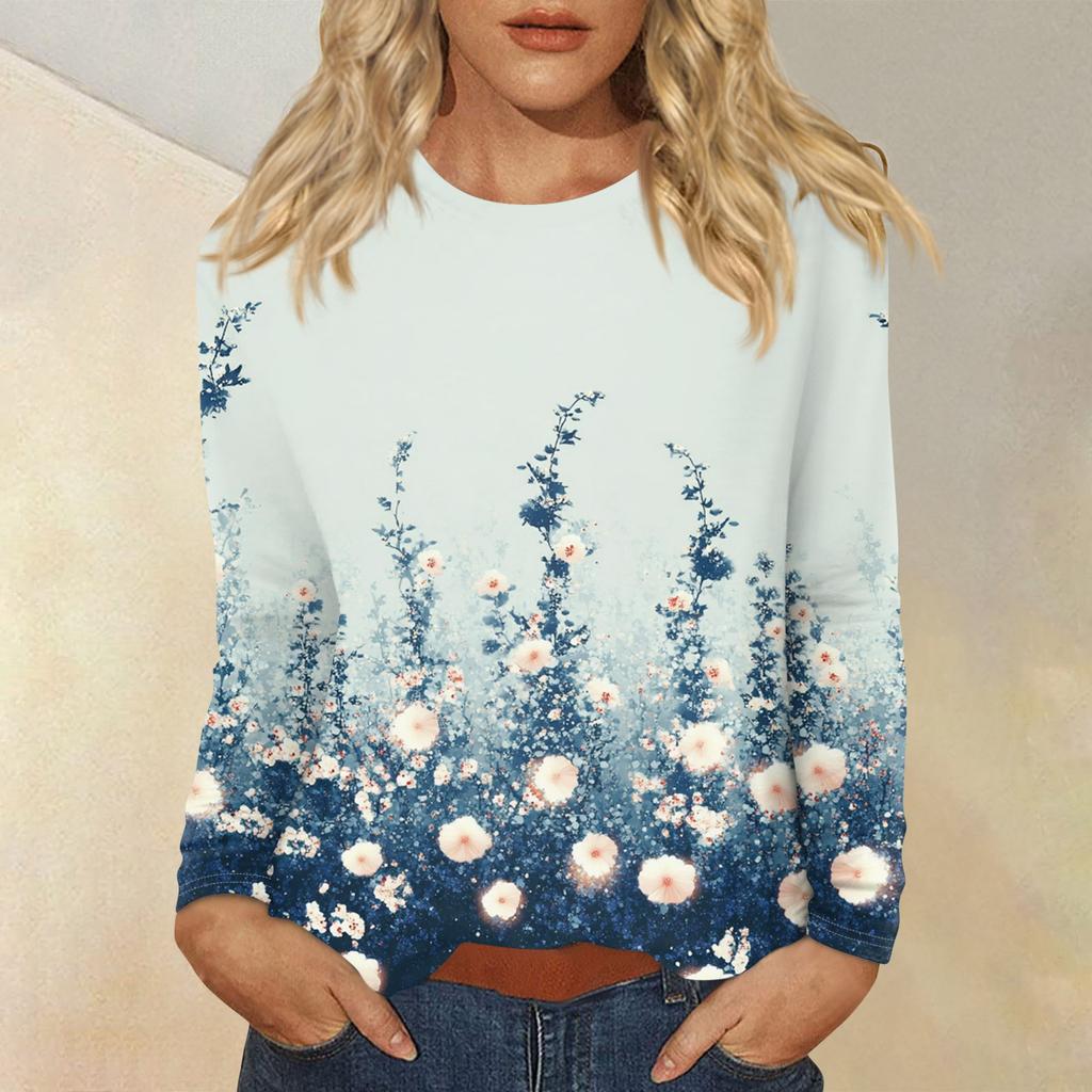 Women's Fashion Casual Round Neck Long Sleeve Printed T-shirt Top