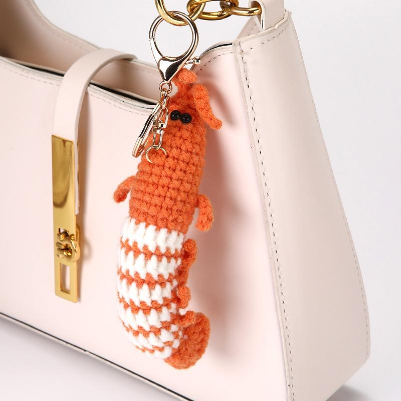 Cute Shrimp Charm Keychains Cartoon Mini Hand Knitted Car Keyring Lovely Handmade Weaving Bag Charms Backpack Handbag Pendant