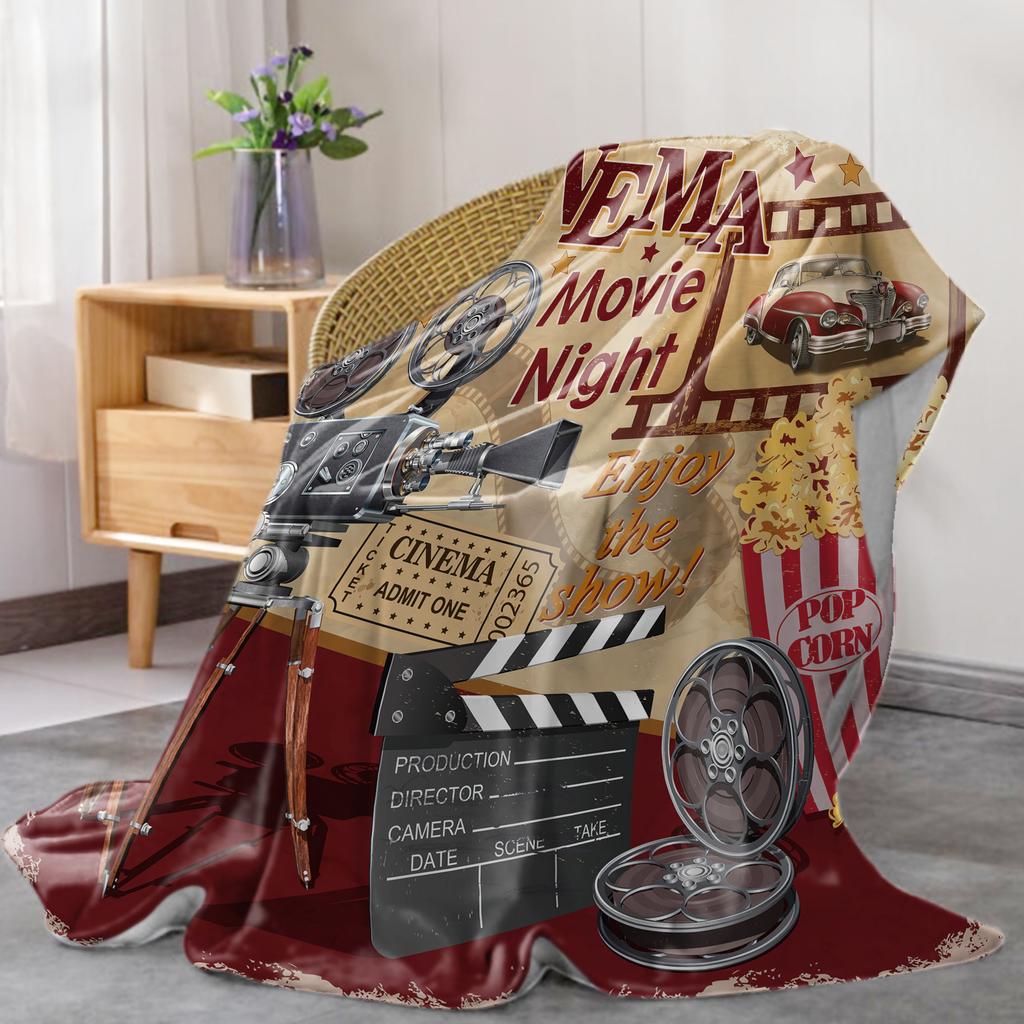 Movie Theater Elements Flannel Blanket - Popcorn & Retro Projector Print | Soft Comfortable Throw for Bed Sofa Office Camping