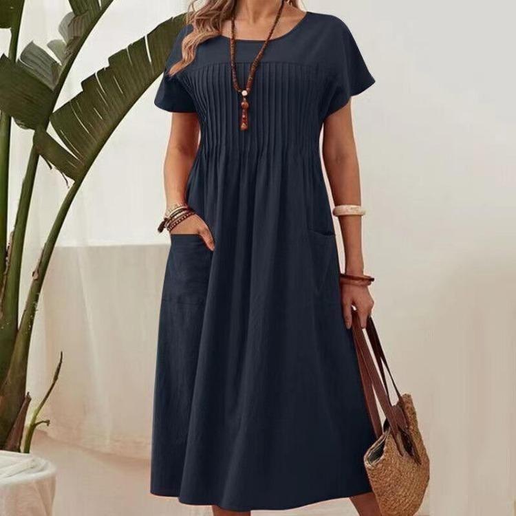 Summer Cotton Linen Dress Plus Size Women Short Sleeve Round Neck Solid Color Pleated Pocket S-5XL