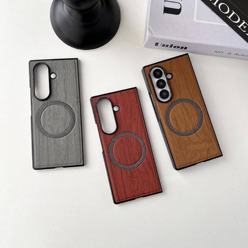 MagSafe Magnetic Wireless Charging PC+ Imitation Wood Grain Leather Phone Case For Samsung Z Fold 7 6 5 4 3 Folding Back Cover