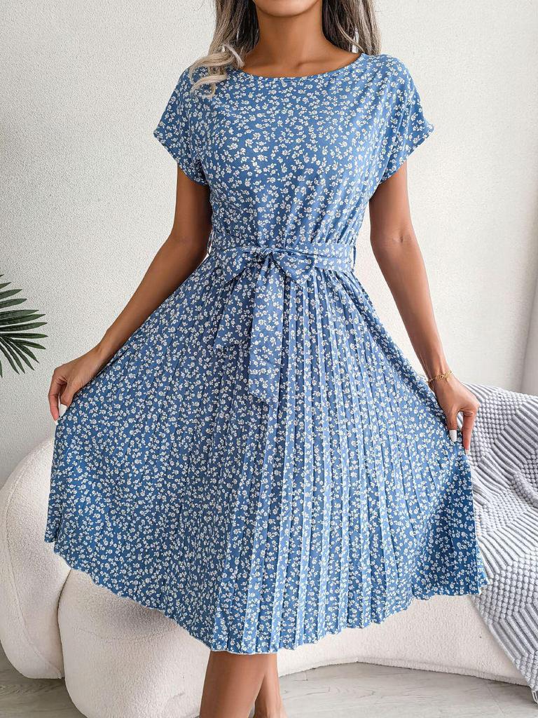 Feng Real Spring/Summer Floral Pleated Skirt with Short Sleeves - Women's European American Style