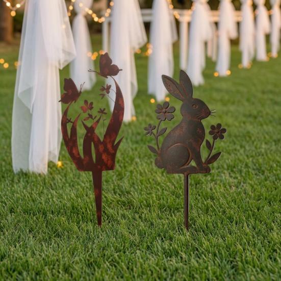 Ground Stake with Butterfly or Rabbit Design Garden Decorations Stake Rust-Resistant Iron Yard Artware for Lawn Patio