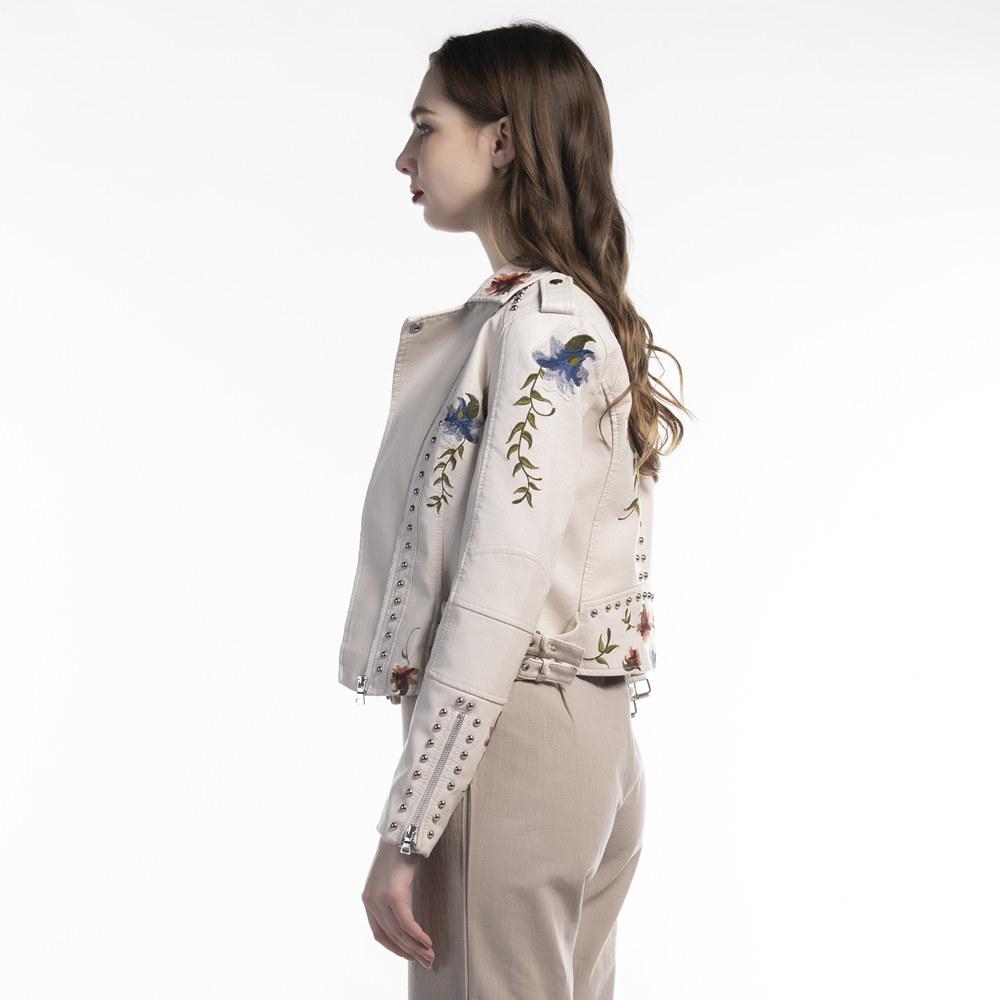 Turn-down Collar Pu Motorcycle Black Punk Outerwear Women Floral Print Embroidery Faux Soft Leather Jacket Coat